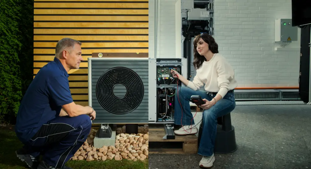 Two people examining an air to water heat pump outdoor unit